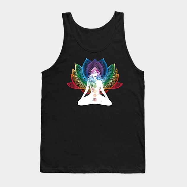 Rainbow Lotus Flower With Chakras Aligned Meditating Bohemian Girl Tank Top by glintintheeye